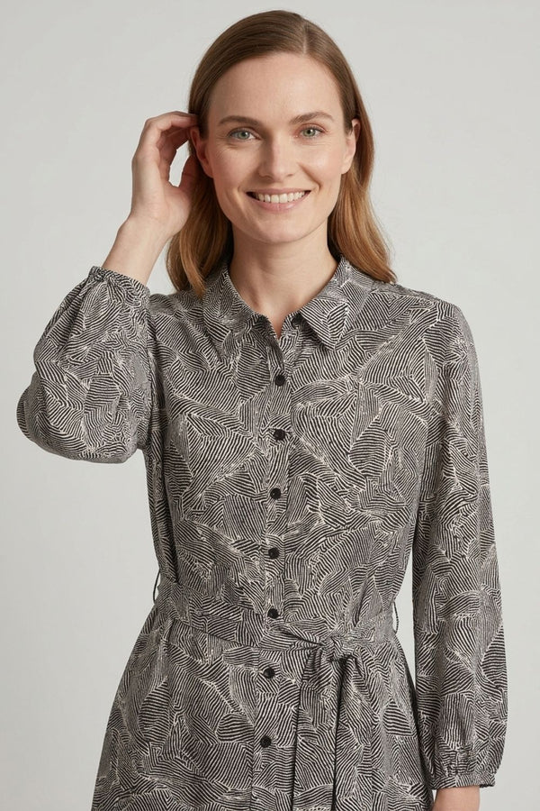 Black | Abstract Shirt Tie Waist Midi Dress