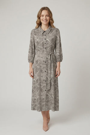 Black | Abstract Shirt Tie Waist Midi Dress : Model is 5'6