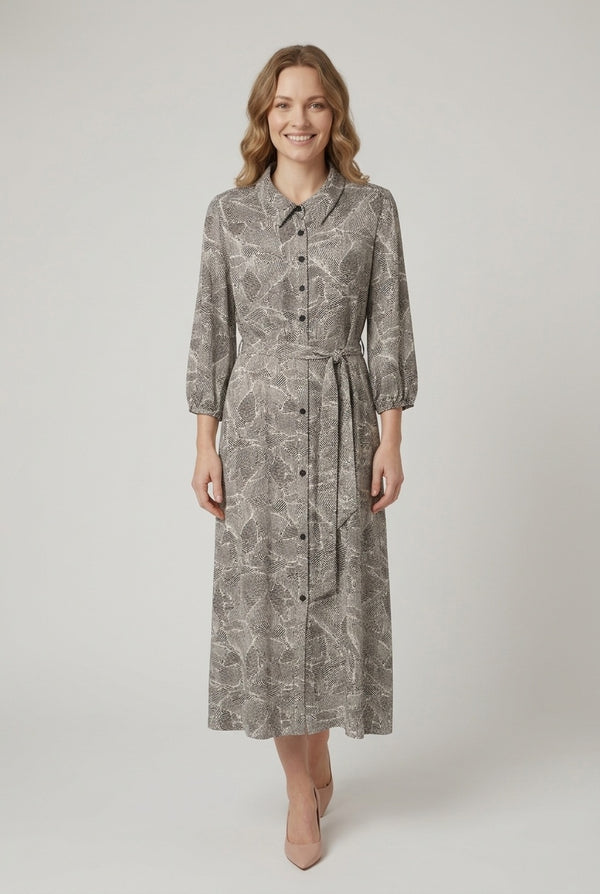 Black | Abstract Shirt Tie Waist Midi Dress : Model is 5'6"/167 cm and wears UK10/EU38/US6/AUS10