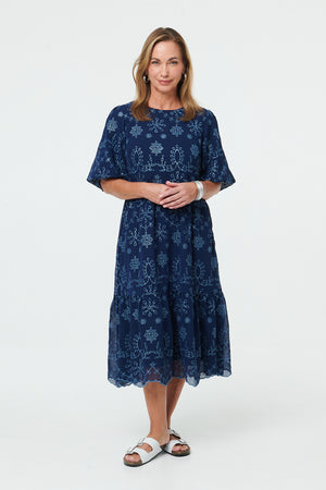 Indigo | Embroidered Short Puff Sleeve Maxi Dress