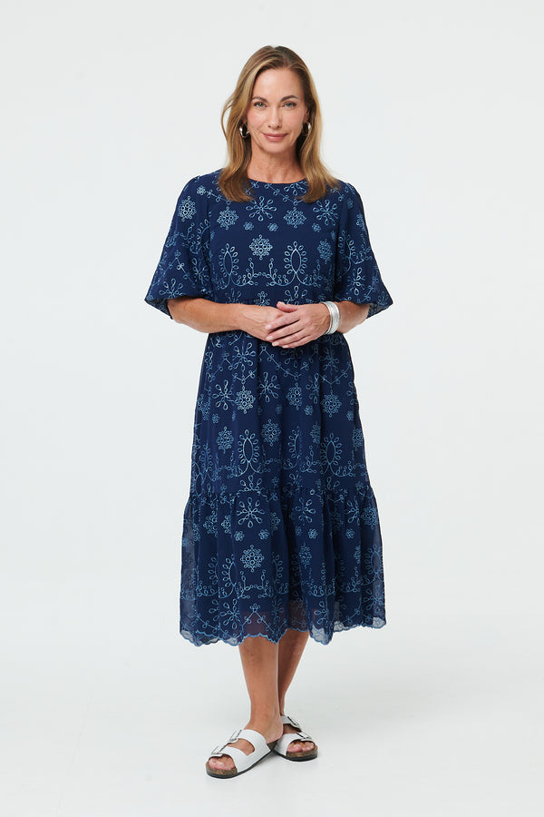 Indigo | Embroidered Short Puff Sleeve Maxi Dress
