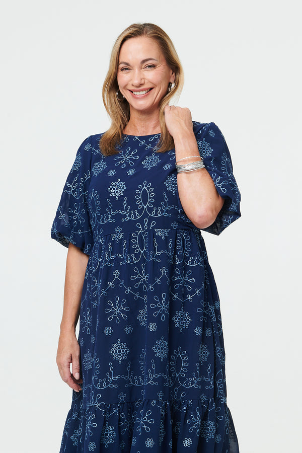 Indigo | Embroidered Short Puff Sleeve Maxi Dress