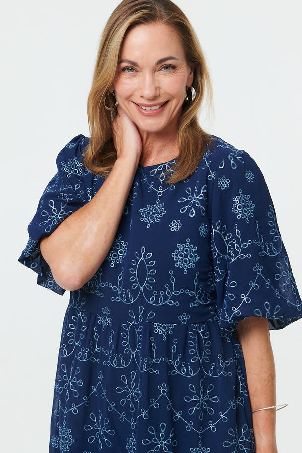 Indigo | Embroidered Short Puff Sleeve Maxi Dress