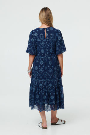 Indigo | Embroidered Short Puff Sleeve Maxi Dress