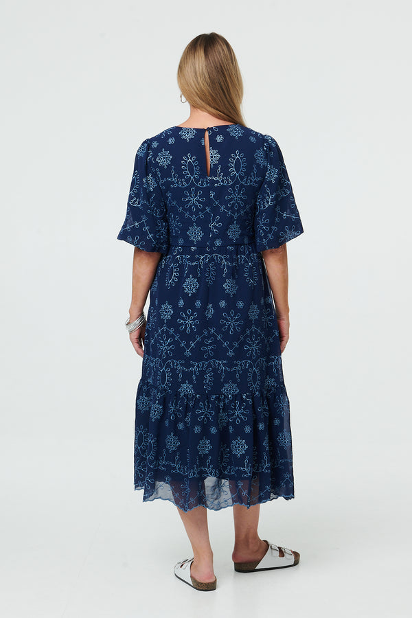 Indigo | Embroidered Short Puff Sleeve Maxi Dress