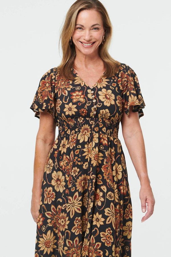 Black | Floral Shirred V-Neck Knee Length Dress