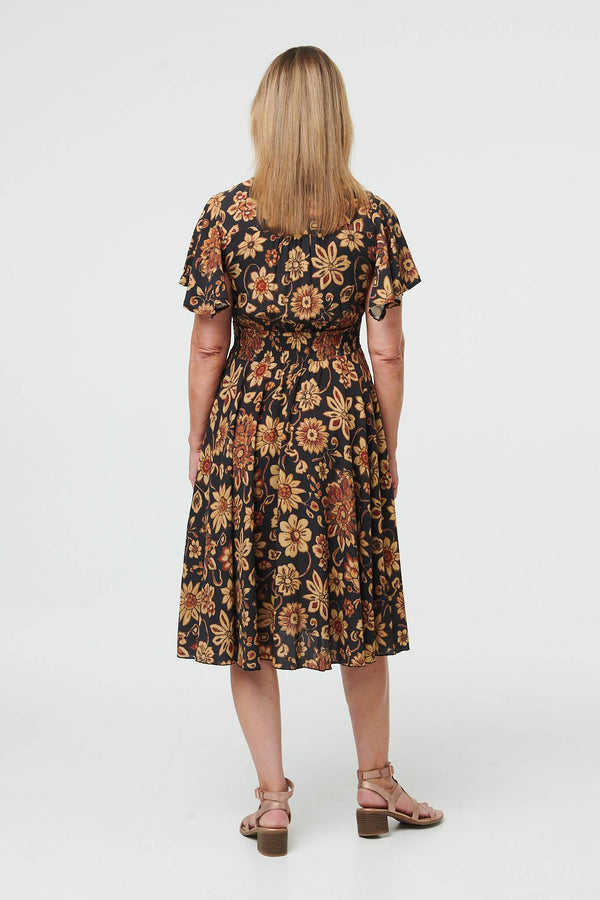 Black | Floral Shirred V-Neck Knee Length Dress