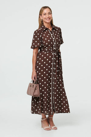 Brown | Polka Dot Tie A-Line Midi Shirt Dress