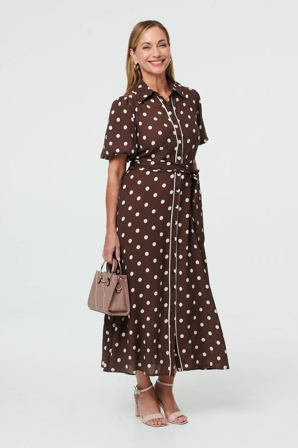Brown | Polka Dot Tie A-Line Midi Shirt Dress