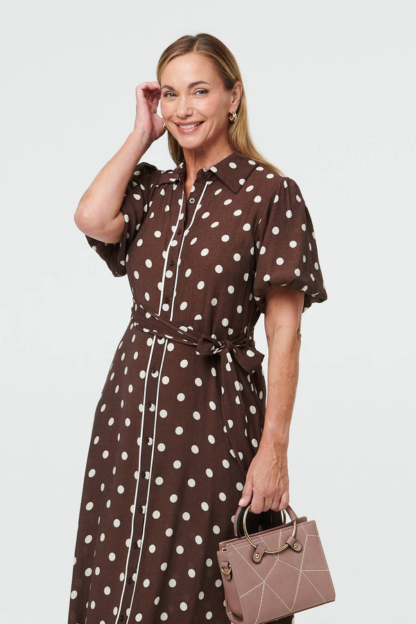 Brown | Polka Dot Tie A-Line Midi Shirt Dress