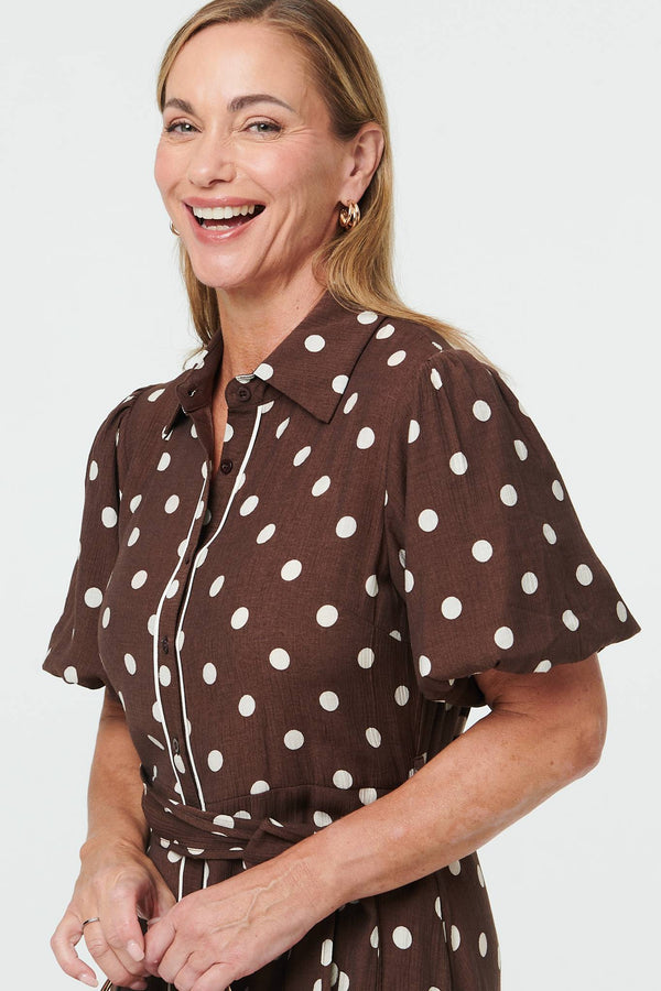 Brown | Polka Dot Tie A-Line Midi Shirt Dress