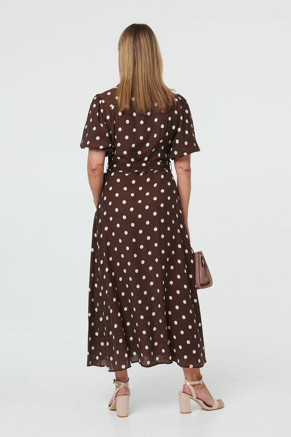 Brown | Polka Dot Tie A-Line Midi Shirt Dress