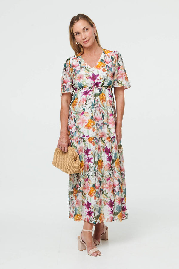 White | Floral Tiered 1/2 Sleeve Maxi Dress