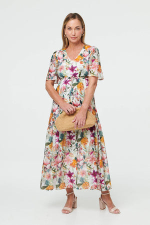 White | Floral Tiered 1/2 Sleeve Maxi Dress