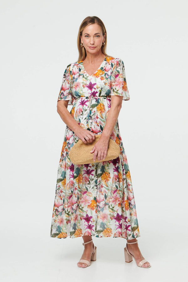 White | Floral Tiered 1/2 Sleeve Maxi Dress