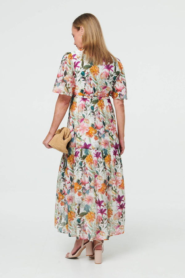 White | Floral Tiered 1/2 Sleeve Maxi Dress