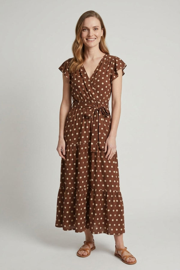 Brown | Polka Dot Tie Waist Tiered Midi Dress