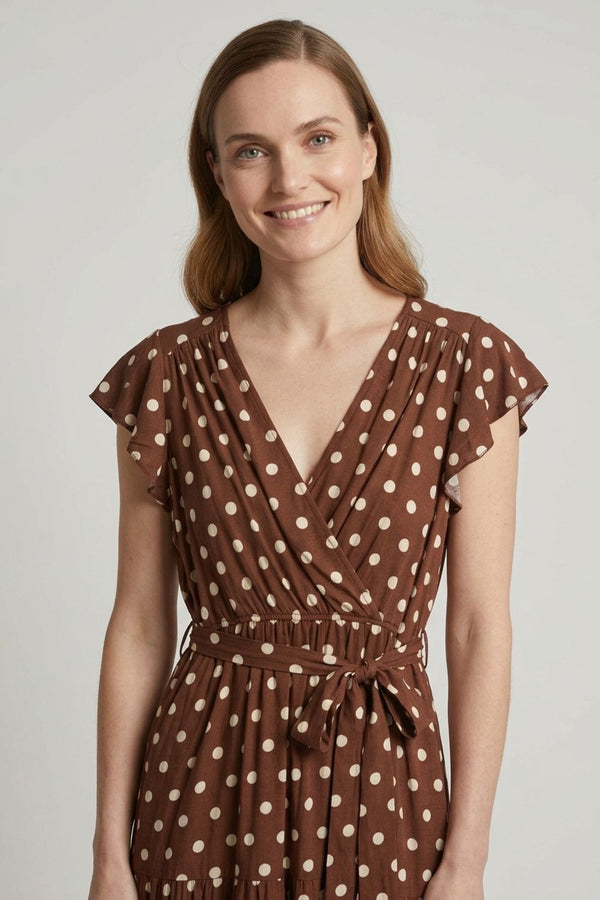 Brown | Polka Dot Tie Waist Tiered Midi Dress