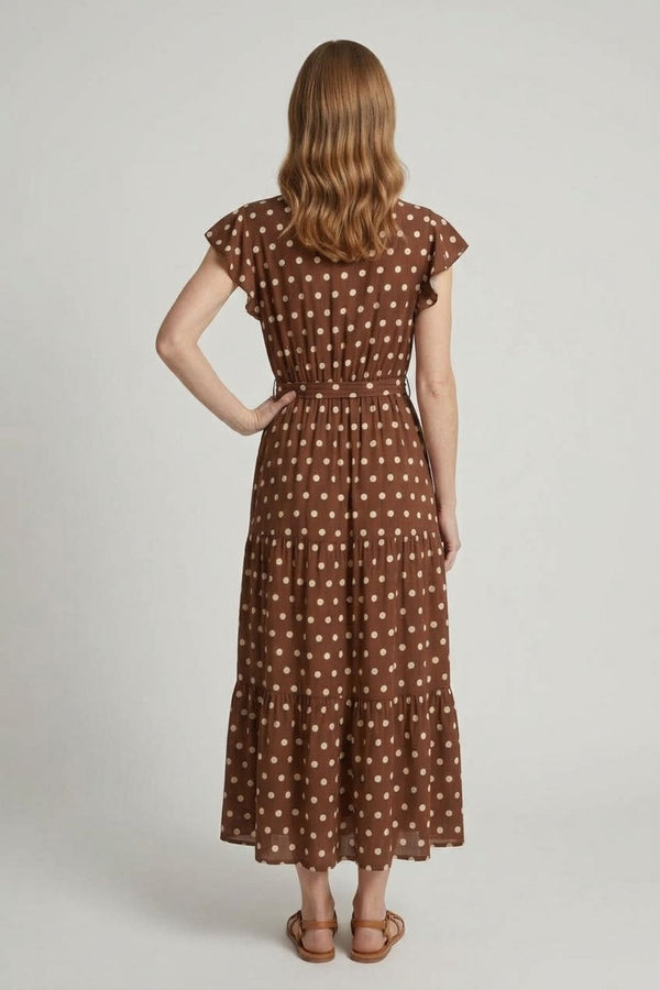 Brown | Polka Dot Tie Waist Tiered Midi Dress