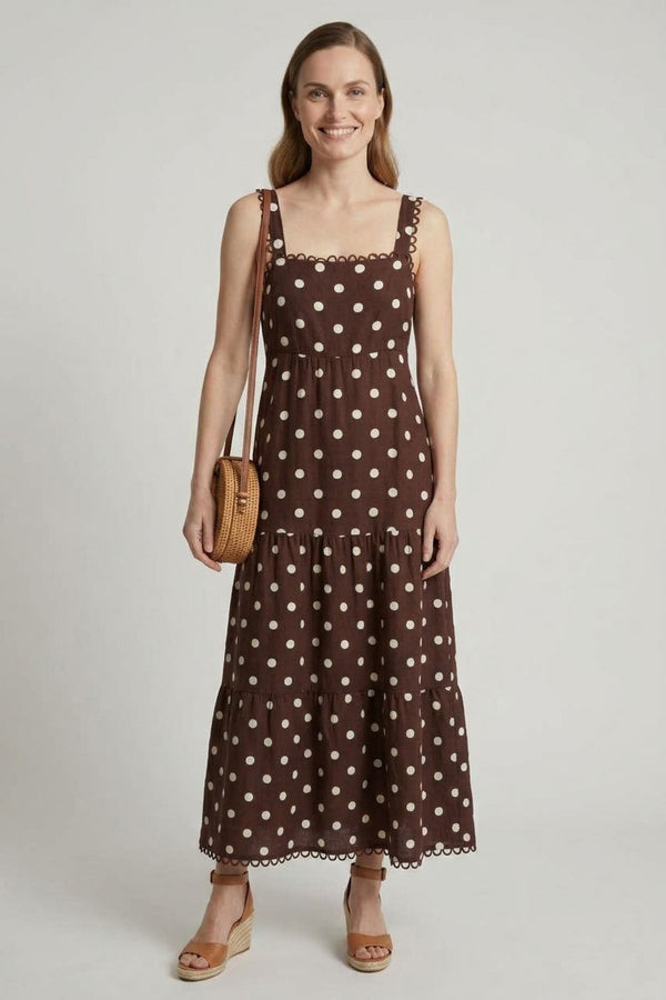 Brown | Polka Dot Print Lace Trim Maxi Dress