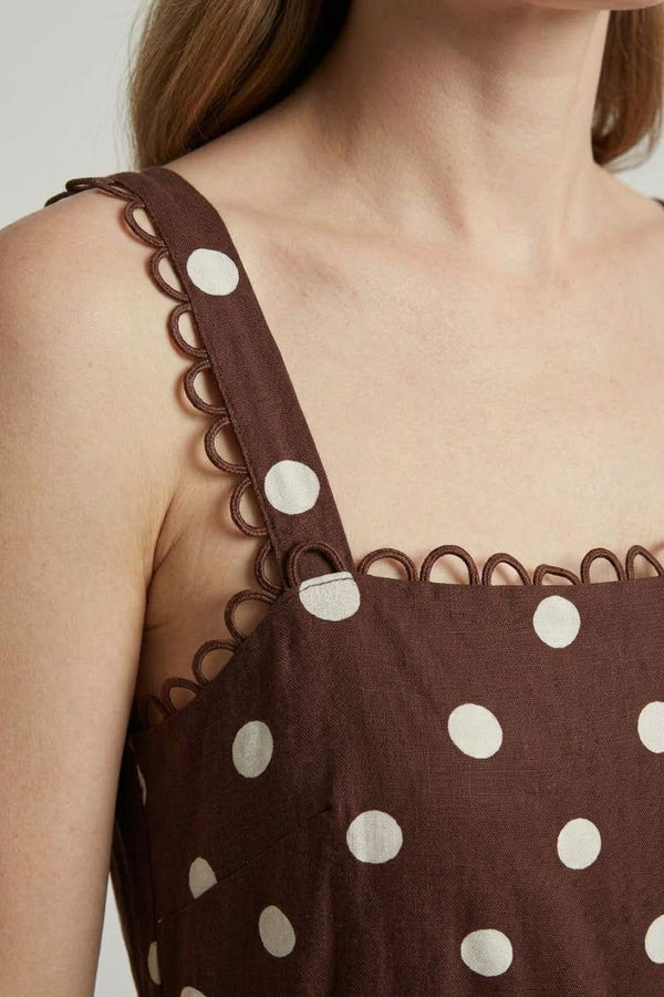 Brown | Polka Dot Print Lace Trim Maxi Dress