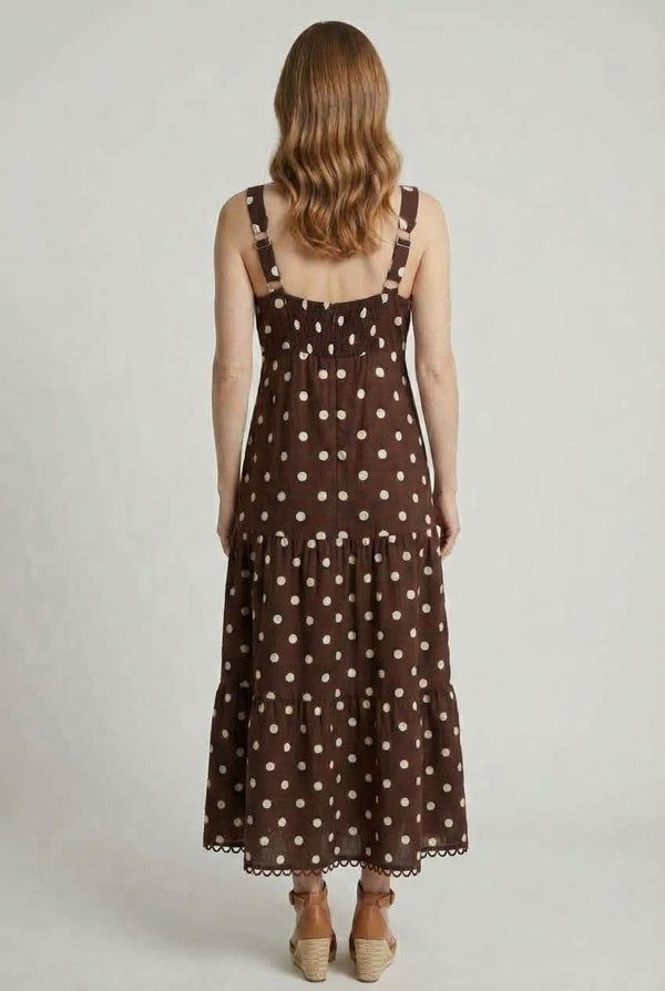 Brown | Polka Dot Print Lace Trim Maxi Dress