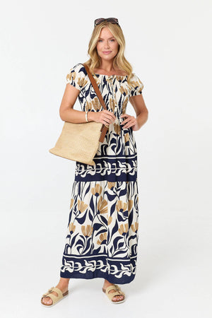 Navy | Floral Short Sleeve Bardot Maxi Dress