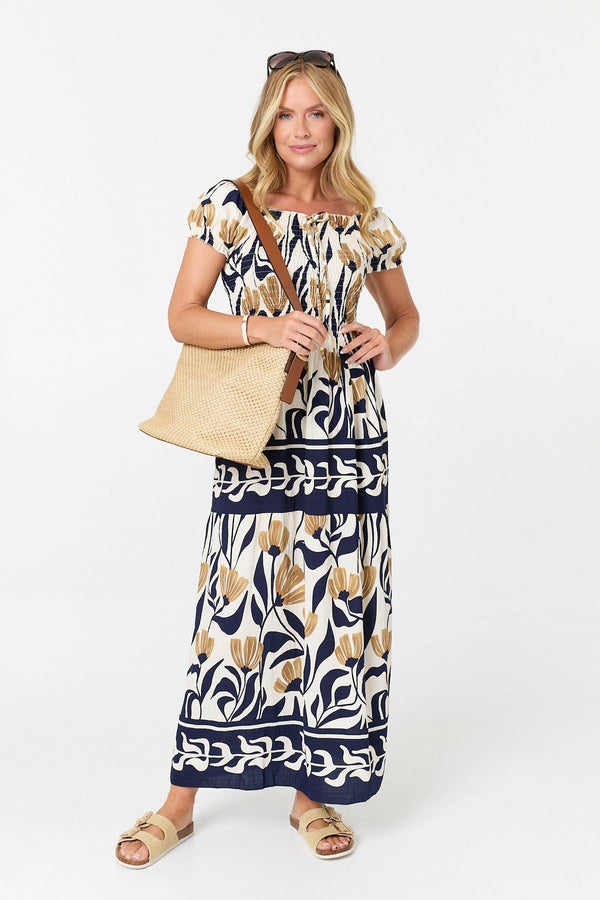 Navy | Floral Short Sleeve Bardot Maxi Dress