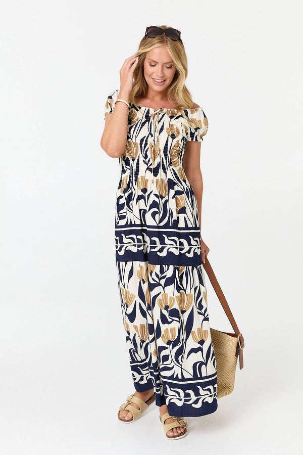 Navy | Floral Short Sleeve Bardot Maxi Dress