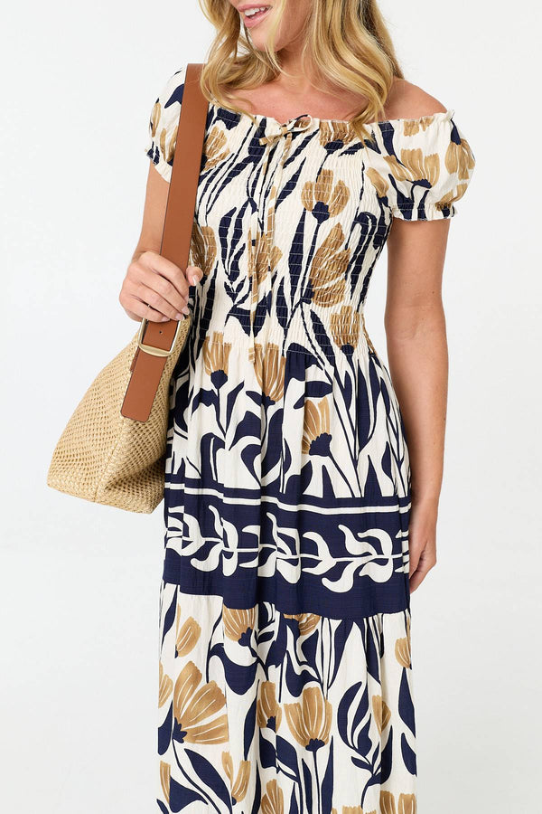 Navy | Floral Short Sleeve Bardot Maxi Dress