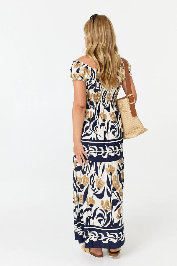 Navy | Floral Short Sleeve Bardot Maxi Dress