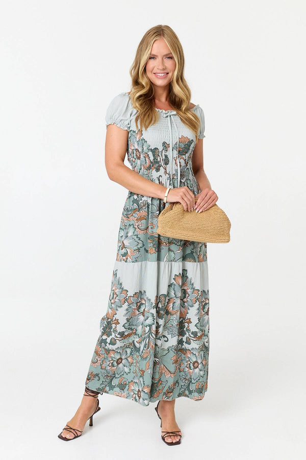 Green | Floral Bardot Short Sleeve Maxi Dress