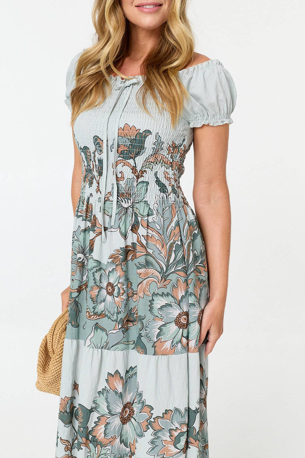 Green | Floral Bardot Short Sleeve Maxi Dress