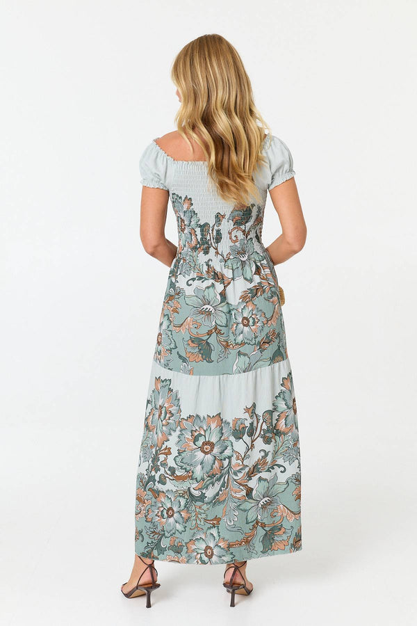 Green | Floral Bardot Short Sleeve Maxi Dress