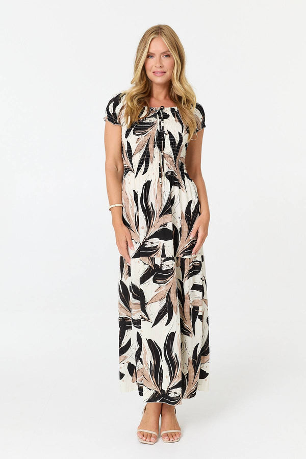 Black | Printed Short Sleeve Bardot Maxi Dress