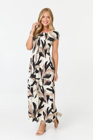 Black | Printed Short Sleeve Bardot Maxi Dress