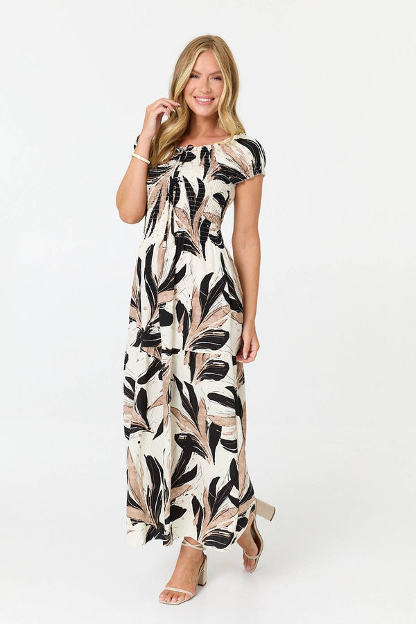 Black | Printed Short Sleeve Bardot Maxi Dress