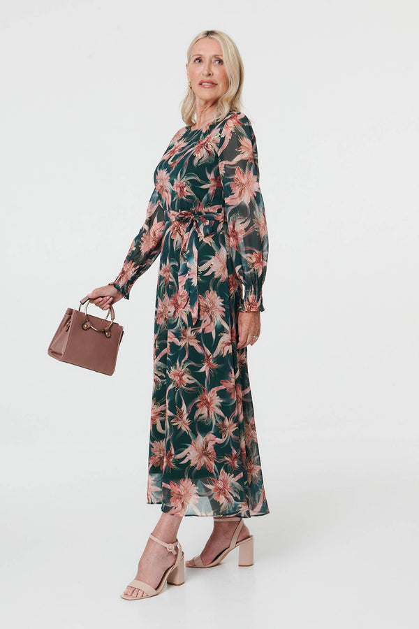 Green | Floral Tie Waist A-Line Maxi Dress