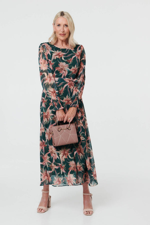 Green | Floral Tie Waist A-Line Maxi Dress
