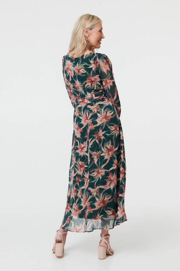 Green | Floral Tie Waist A-Line Maxi Dress