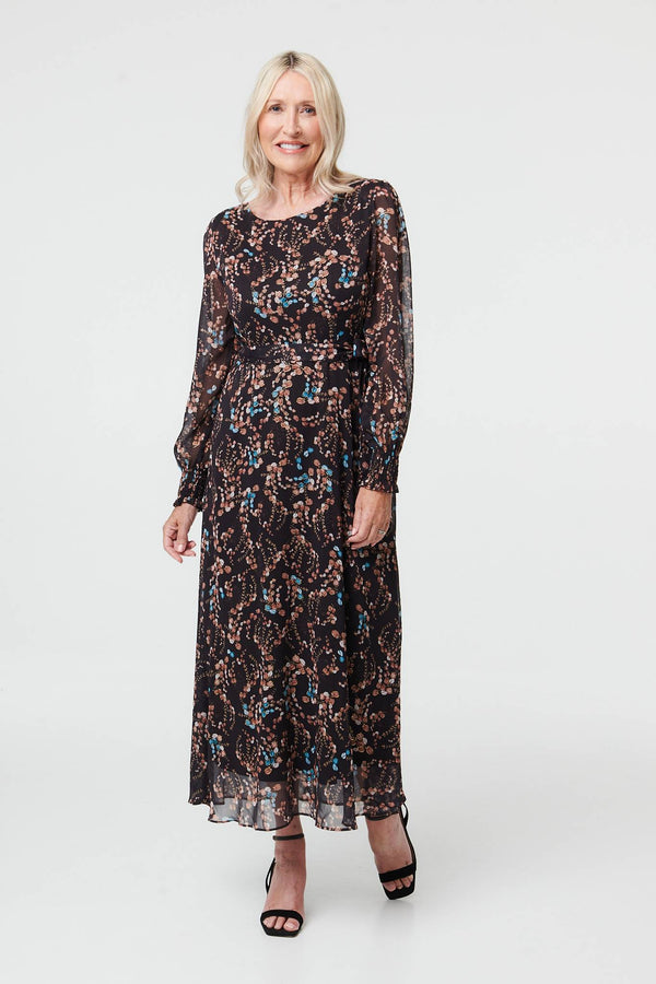 Brown | Floral Semi Sheer Layer Maxi Dress
