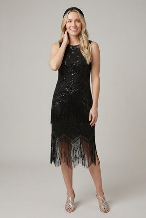 Black | Embellished Tassel Hem Midi Dress : Model is 5'7
