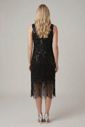 Black | Embellished Tassel Hem Midi Dress