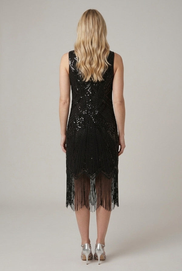 Black | Embellished Tassel Hem Midi Dress