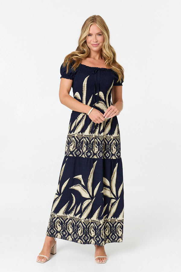 Navy | Printed Bardot Short Sleeve Maxi Dress