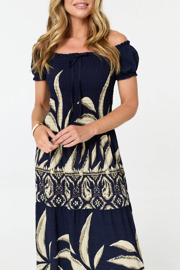 Navy | Printed Bardot Short Sleeve Maxi Dress