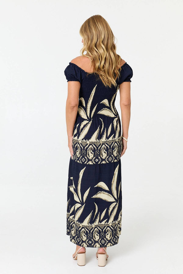 Navy | Printed Bardot Short Sleeve Maxi Dress