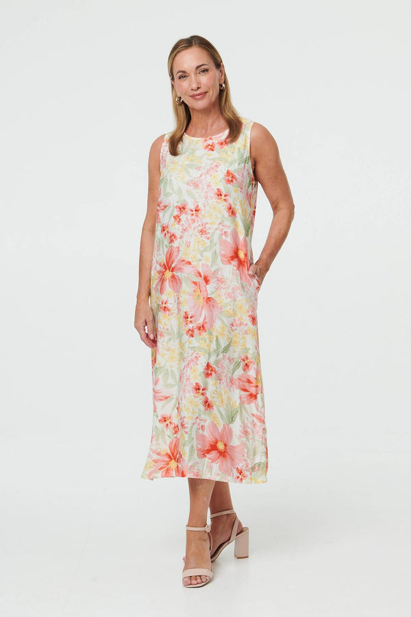 White | Floral Sleeveless Midi Shift Dress