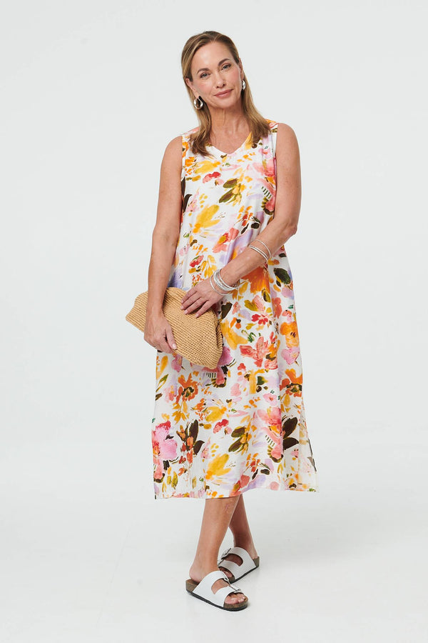 Orange | Floral Sleeveless V-Neck Midi Dress