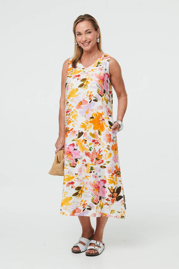 Orange | Floral Sleeveless V-Neck Midi Dress